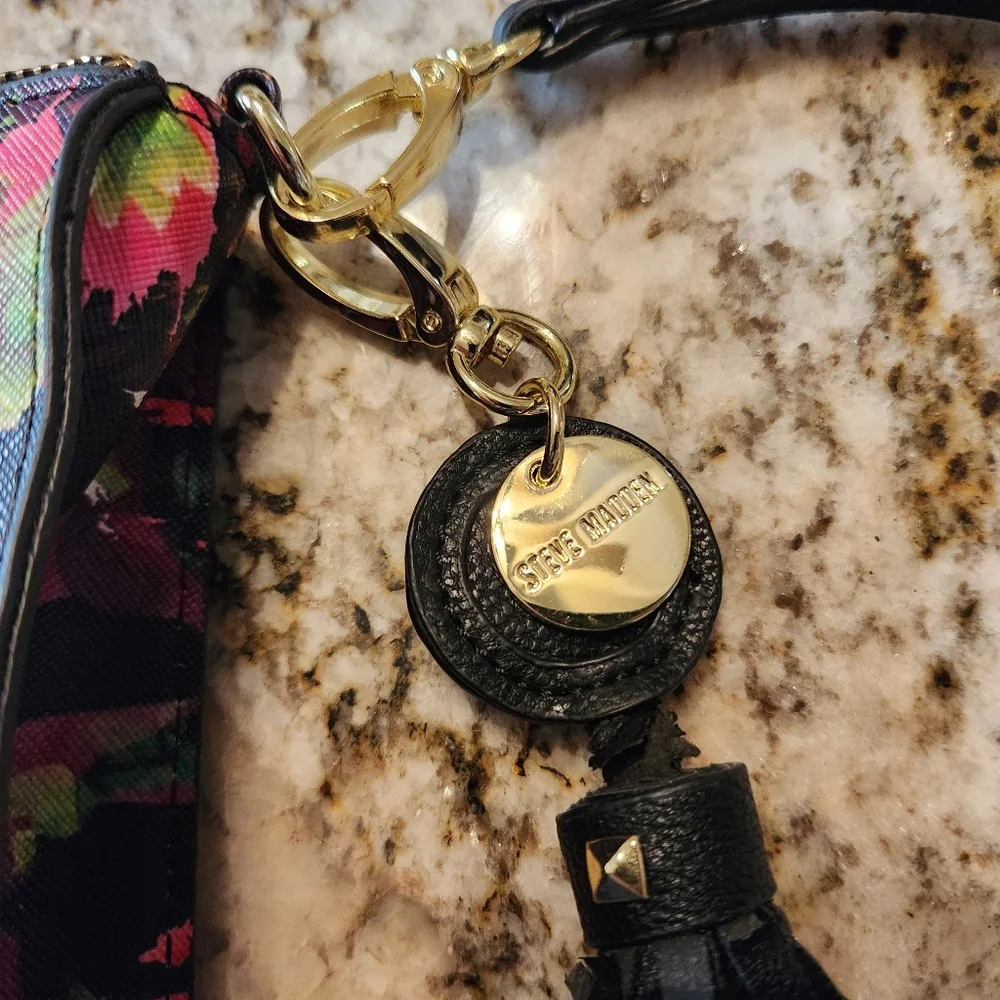 Steve Madden Wristlet, Black Pink Floral Clutch Wallet EUC Tassel Vegan Leather